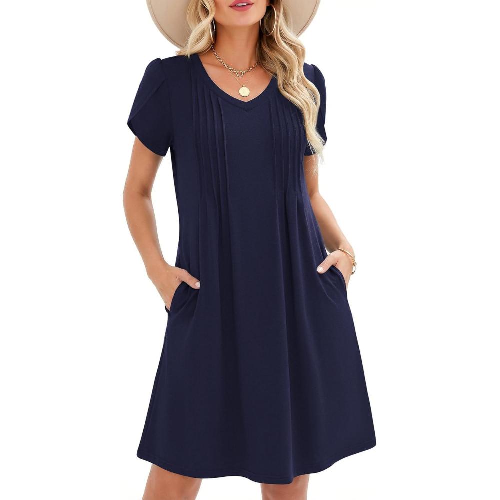 imageZeagoo Summer Dresses for Women Casual A Line Dress 2026 V Neck Short Dresses Floral Sundress Pleated Boho DressNavy Blue
