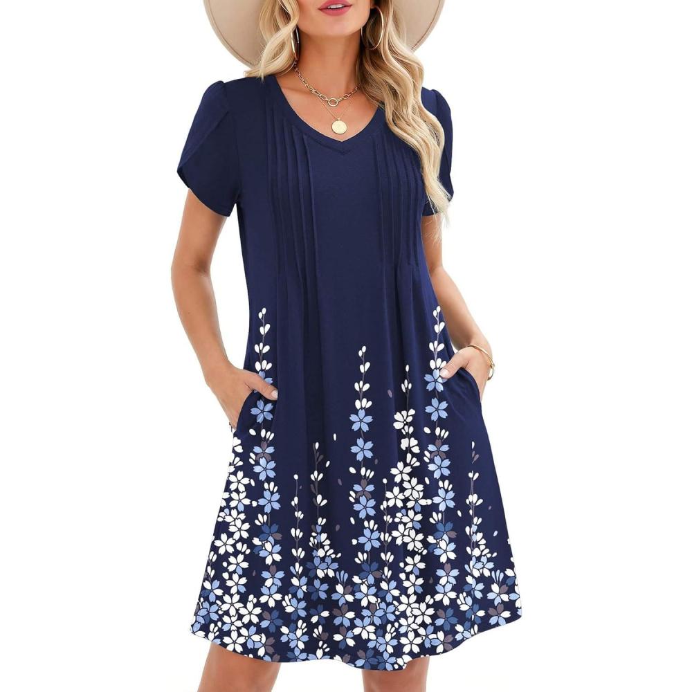 imageZeagoo Summer Dresses for Women Casual A Line Dress 2026 V Neck Short Dresses Floral Sundress Pleated Boho DressNavy Floral 01