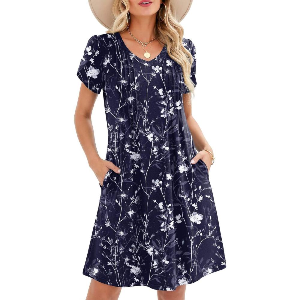 imageZeagoo Summer Dresses for Women Casual A Line Dress 2026 V Neck Short Dresses Floral Sundress Pleated Boho DressNavy Floral 03