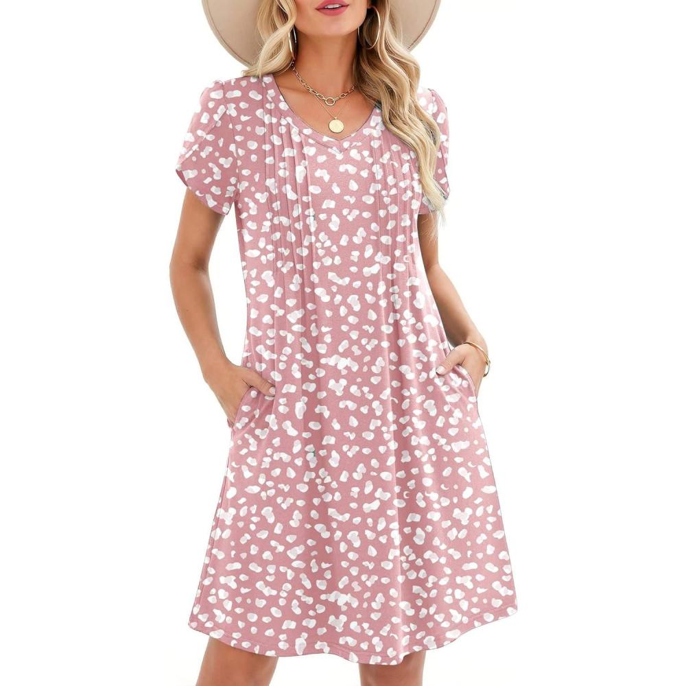 imageZeagoo Summer Dresses for Women Casual A Line Dress 2026 V Neck Short Dresses Floral Sundress Pleated Boho DressPink Dot