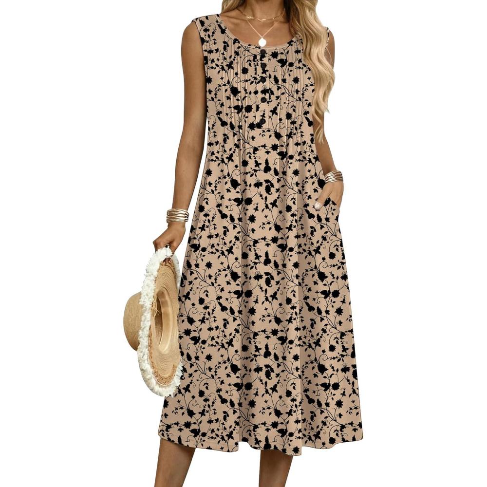 imageZeagoo Summer Dresses for Women Flowy Aline Casual Midi Tank Dress Beach Boho Vacation Sundresses Shift Dress with PocketsBeige