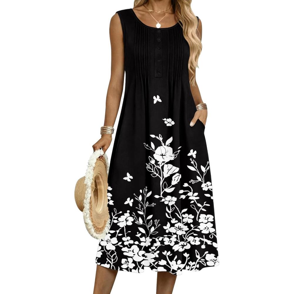 imageZeagoo Summer Dresses for Women Flowy Aline Casual Midi Tank Dress Beach Boho Vacation Sundresses Shift Dress with PocketsBlack Floral