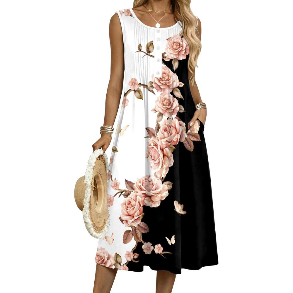 imageZeagoo Summer Dresses for Women Flowy Aline Casual Midi Tank Dress Beach Boho Vacation Sundresses Shift Dress with PocketsBlack White Floral