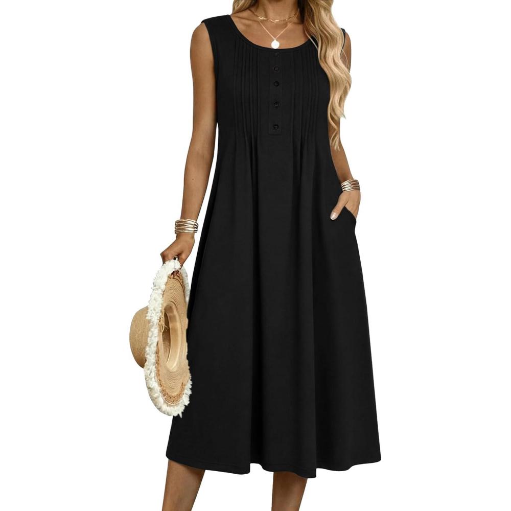 imageZeagoo Summer Dresses for Women Flowy Aline Casual Midi Tank Dress Beach Boho Vacation Sundresses Shift Dress with PocketsSolid Black