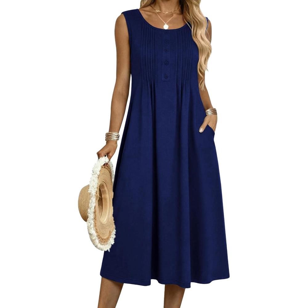 imageZeagoo Summer Dresses for Women Flowy Aline Casual Midi Tank Dress Beach Boho Vacation Sundresses Shift Dress with PocketsSolid Navy
