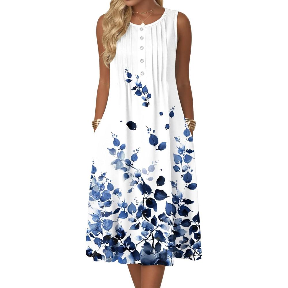 imageZeagoo Summer Dresses for Women Flowy Aline Casual Midi Tank Dress Beach Boho Vacation Sundresses Shift Dress with PocketsWhite Floral