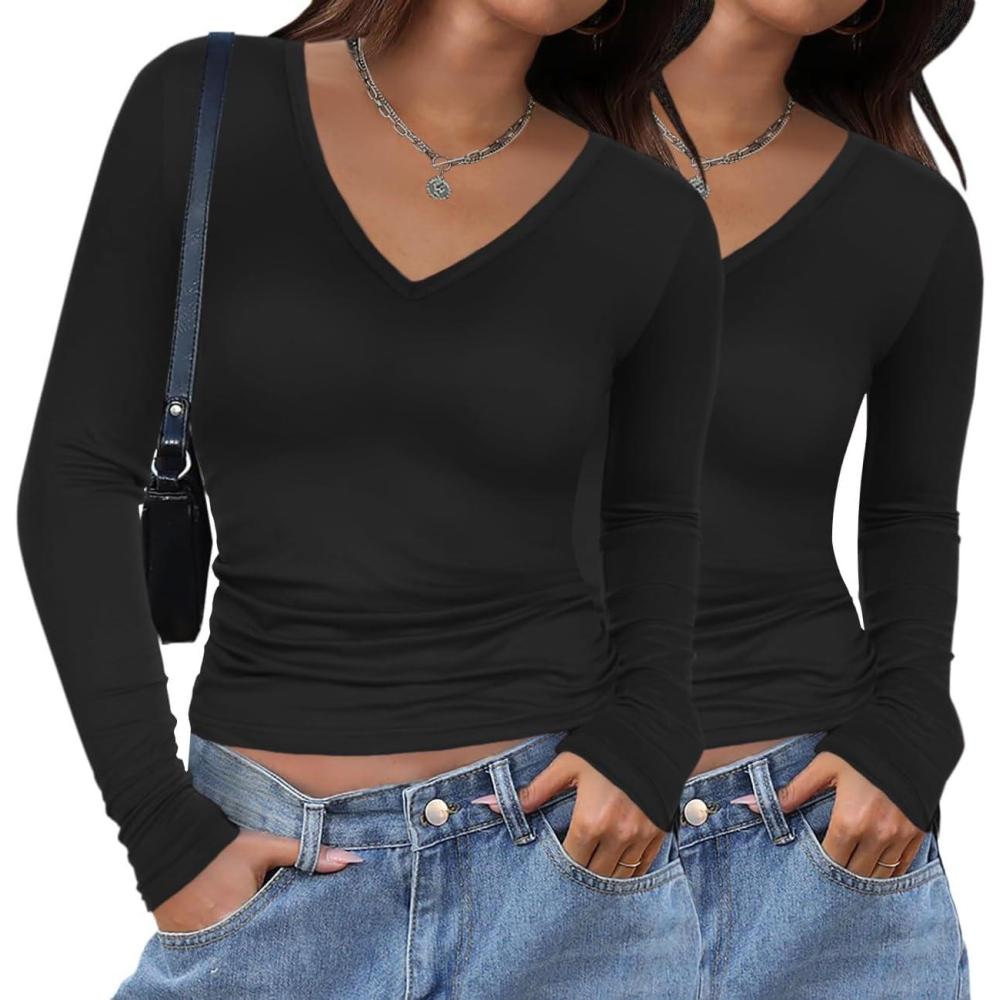 imageZeagoo Women 2 Pack Long Sleeve Shirts V Neck T Shirts Casual Thermal Tops Slim Fit Basic Tight Tees Going Out TopBlackblack