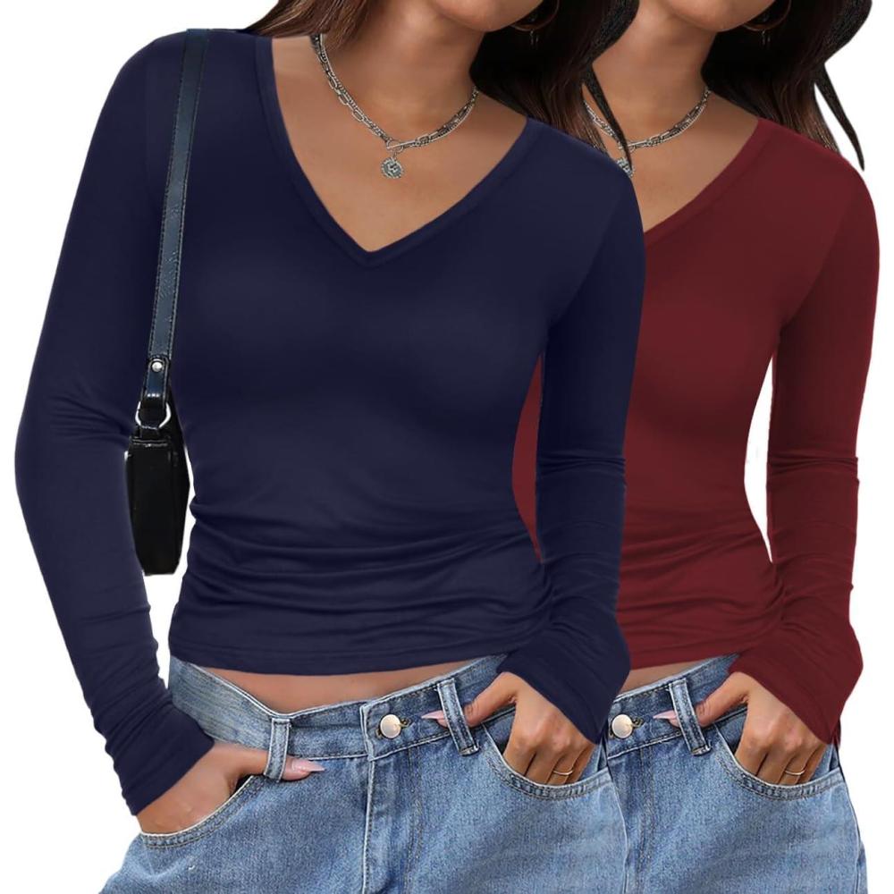 imageZeagoo Women 2 Pack Long Sleeve Shirts V Neck T Shirts Casual Thermal Tops Slim Fit Basic Tight Tees Going Out TopWine Rednavy Blue