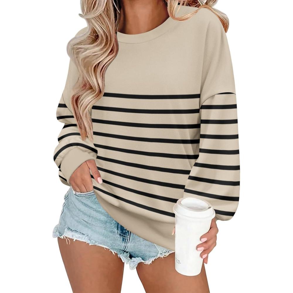 imageZeagoo Women Crewneck Sweatshirts Pullover Tops Long Sleeve Shirt Loose Fit Sweaters Casual Fall Outfits Clothes 2025Beige