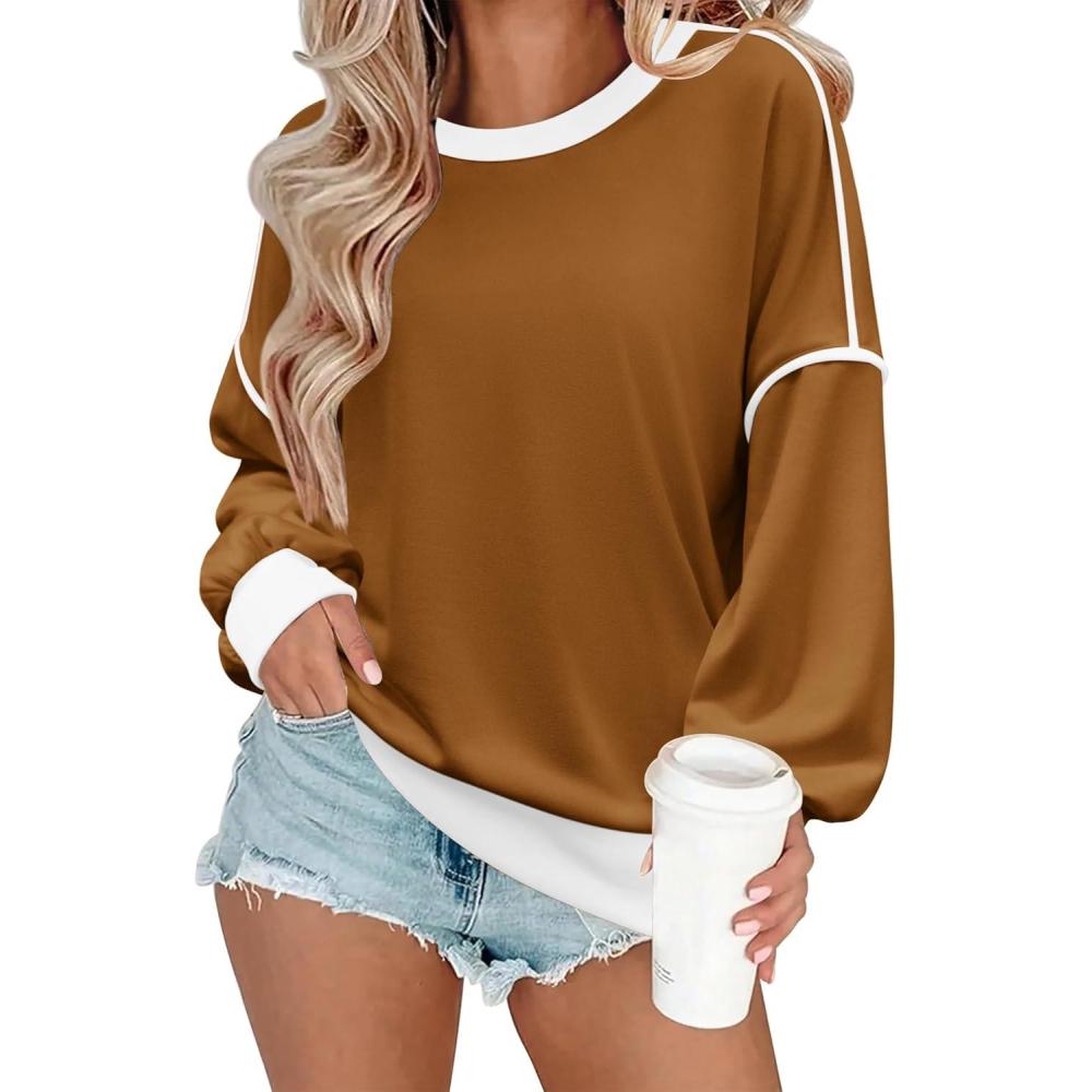 imageZeagoo Women Crewneck Sweatshirts Pullover Tops Long Sleeve Shirt Loose Fit Sweaters Casual Fall Outfits Clothes 2025Brown