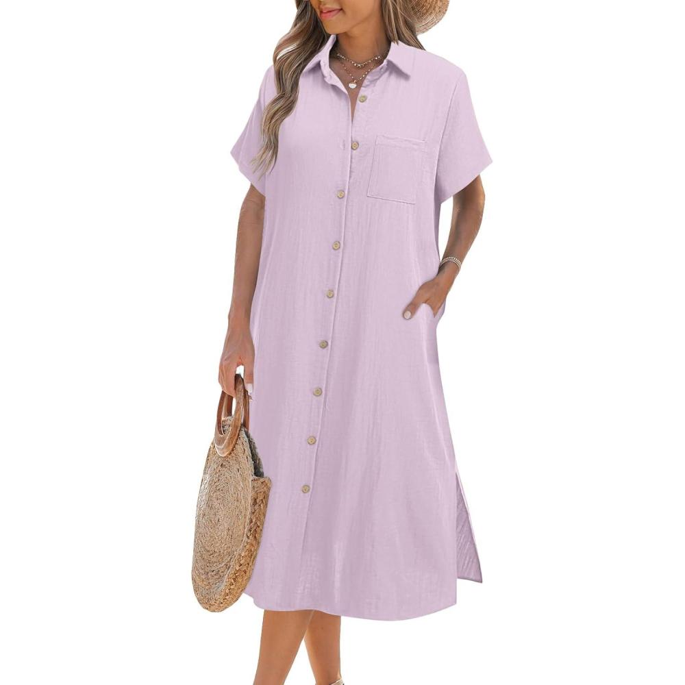 imageZeagoo Women Dresses Summer Casual Short Sleeve Button Down Shirt Dresses 2026 Beach Cover Up with PocketsLight Purple