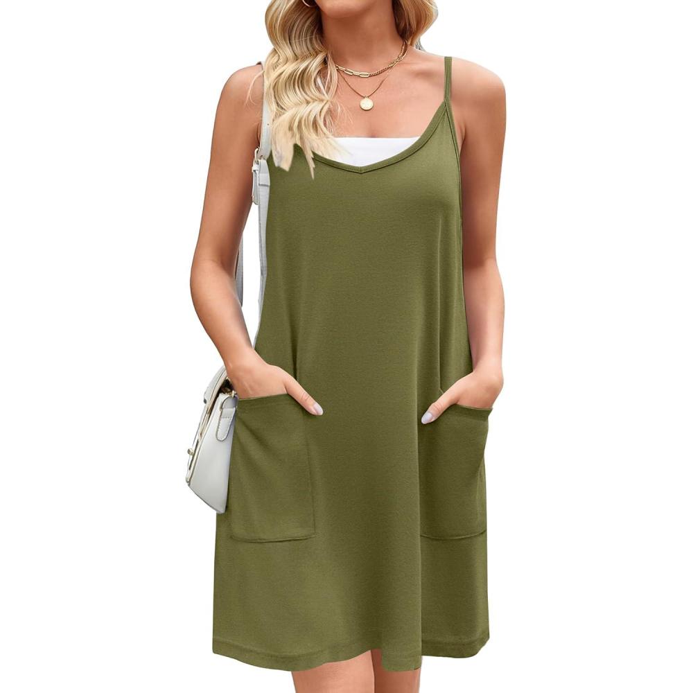 imageZeagoo Women Summer Dresses Casual Beach Vacation Dress Spaghetti Strap Sundress Sleeveless Mini Short Dress with PocketsArmy Green