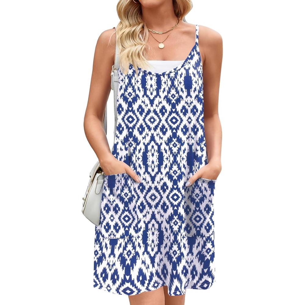 imageZeagoo Women Summer Dresses Casual Beach Vacation Dress Spaghetti Strap Sundress Sleeveless Mini Short Dress with PocketsBlue White Printed