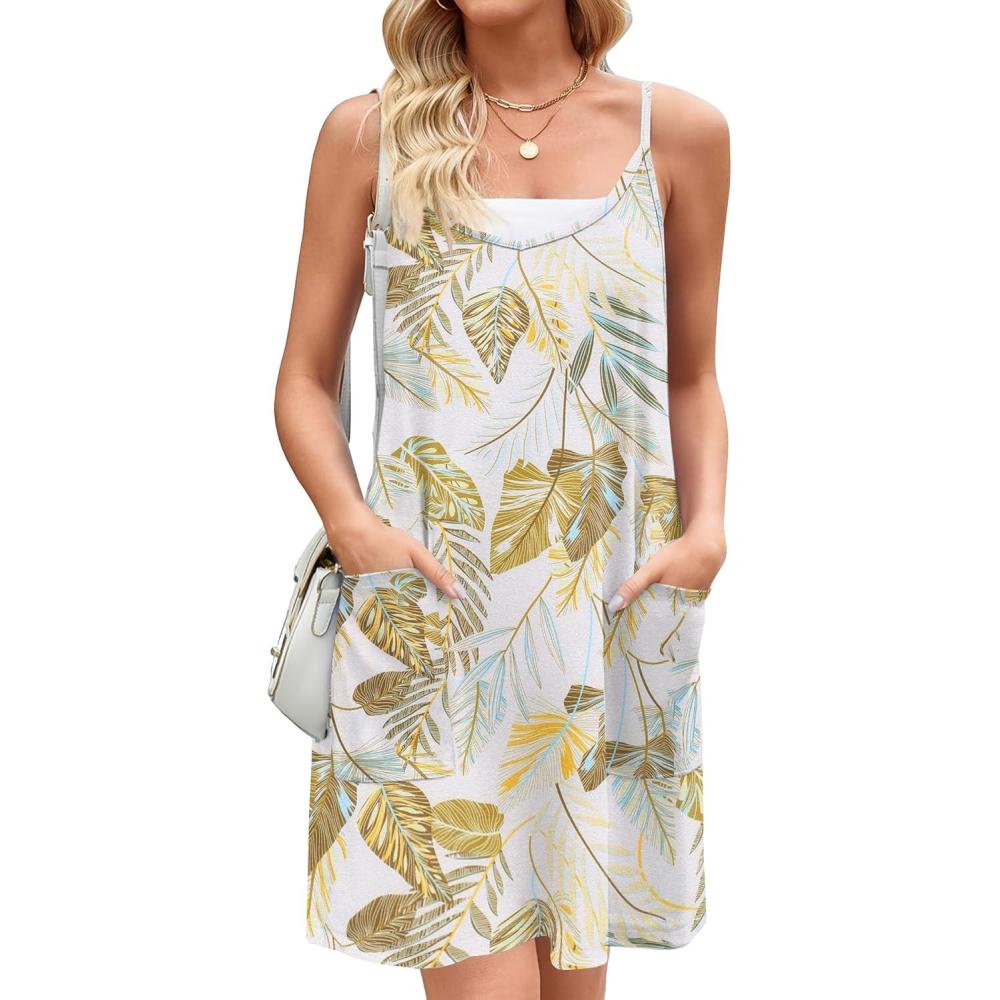imageZeagoo Women Summer Dresses Casual Beach Vacation Dress Spaghetti Strap Sundress Sleeveless Mini Short Dress with PocketsWhiteleaf Printed