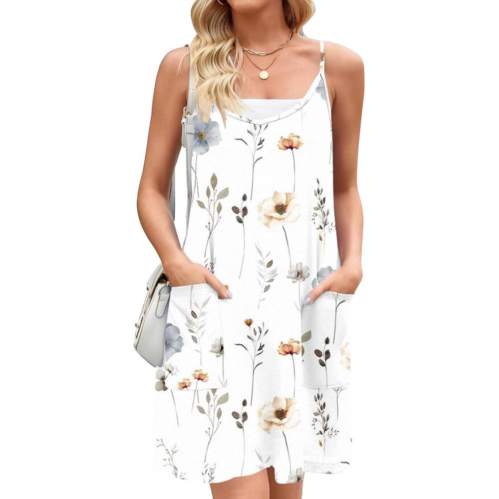 imageZeagoo Women Summer Dresses Casual Beach Vacation Dress Spaghetti Strap Sundress Sleeveless Mini Short Dress with PocketsWhiteprint
