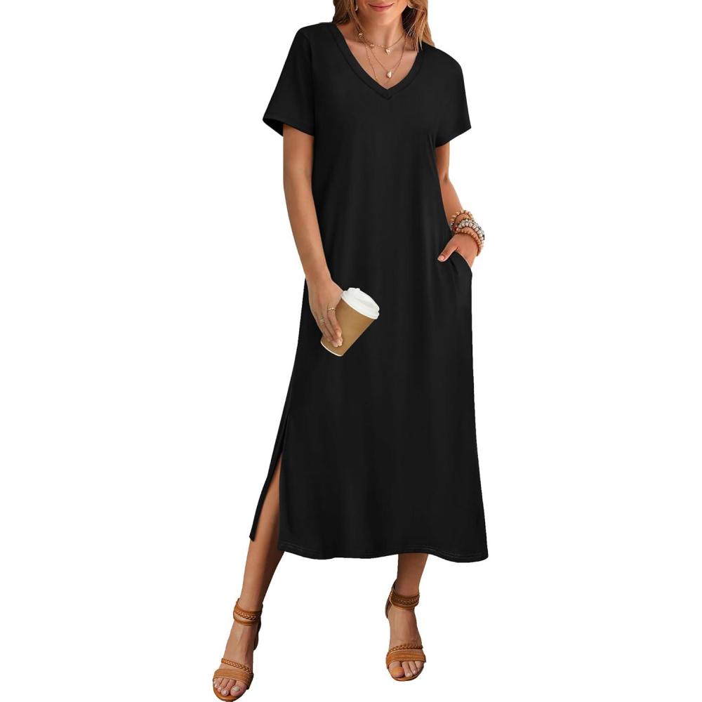 imageZeagoo Women Summer Floral Dress Short Sleeve Beach Dress with Pockets Casual VNeck Split Long TShirt Dress Travel VacationBlack
