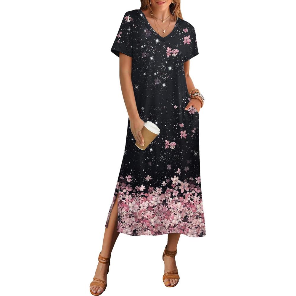 imageZeagoo Women Summer Floral Dress Short Sleeve Beach Dress with Pockets Casual VNeck Split Long TShirt Dress Travel VacationBlack Pink Floral