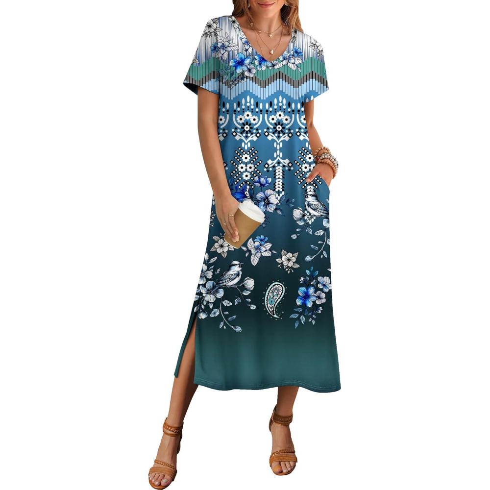 imageZeagoo Women Summer Floral Dress Short Sleeve Beach Dress with Pockets Casual VNeck Split Long TShirt Dress Travel VacationBlue Ethnic Pattern