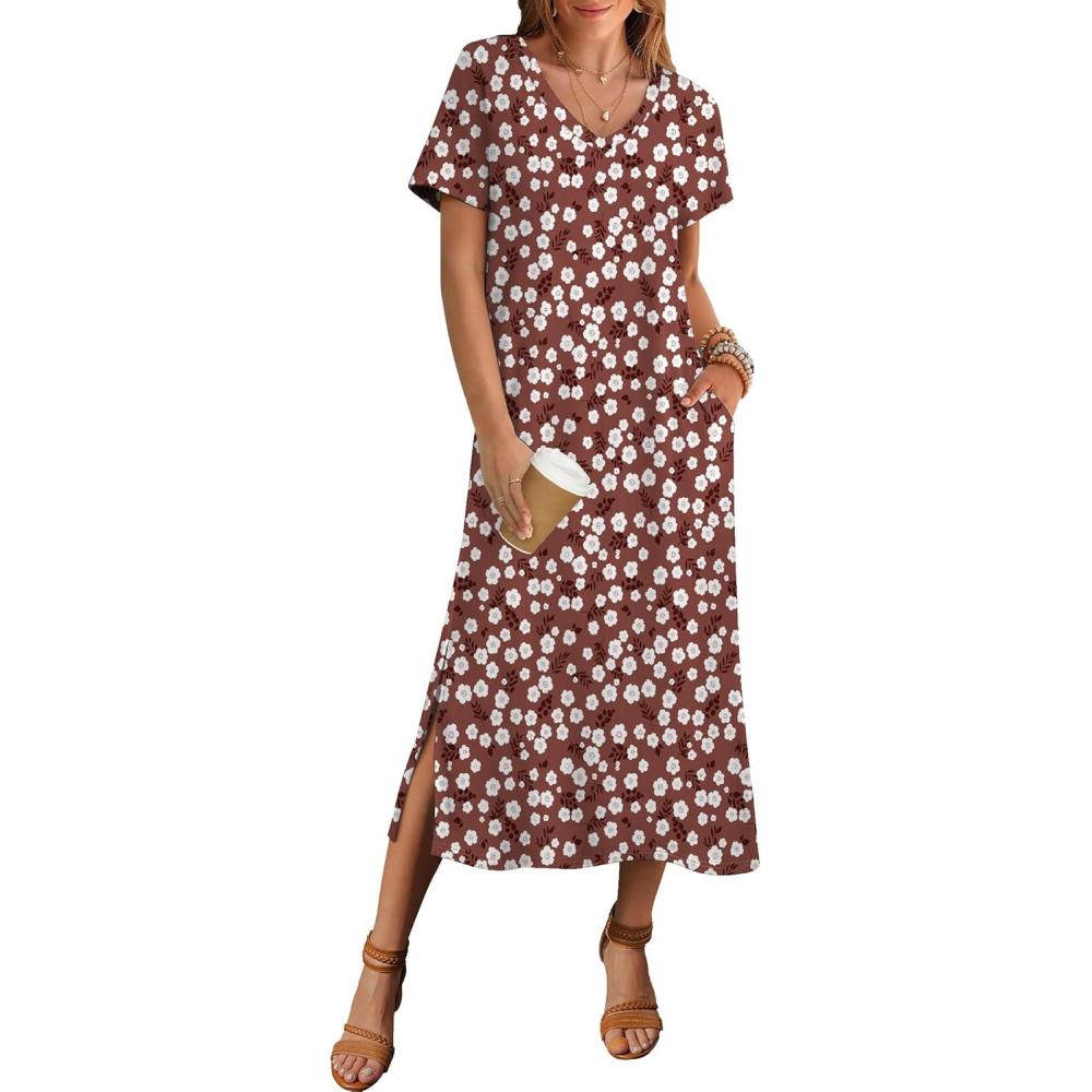 imageZeagoo Women Summer Floral Dress Short Sleeve Beach Dress with Pockets Casual VNeck Split Long TShirt Dress Travel VacationBrown White Floral