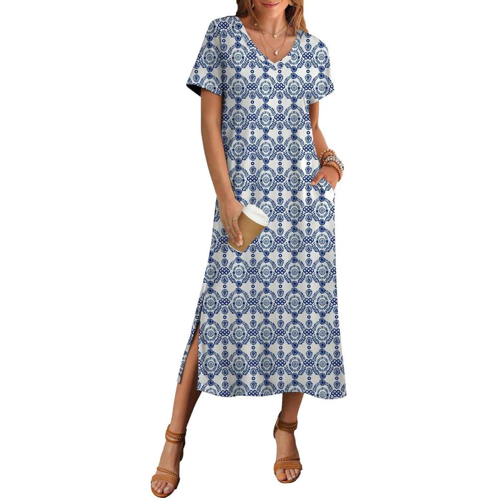 imageZeagoo Women Summer Floral Dress Short Sleeve Beach Dress with Pockets Casual VNeck Split Long TShirt Dress Travel VacationEthnic Pattern
