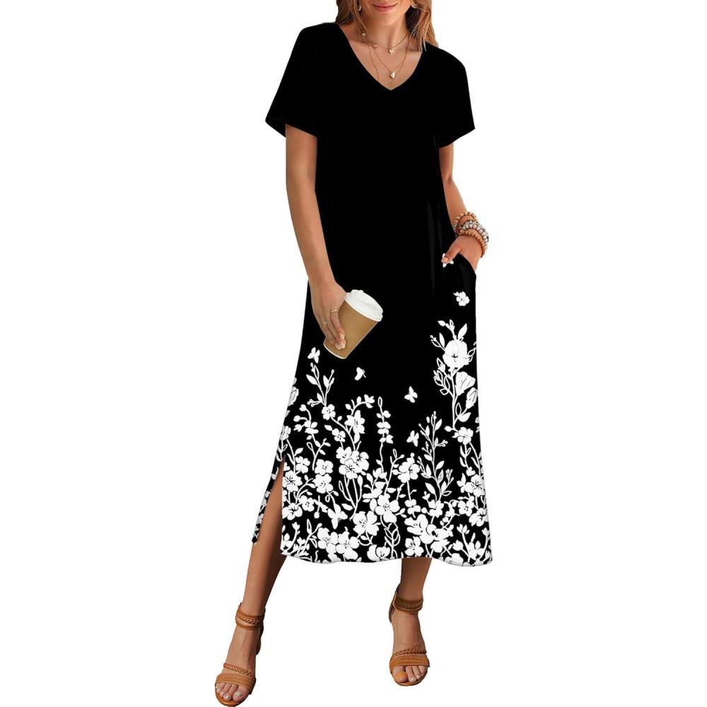 imageZeagoo Women Summer Floral Dress Short Sleeve Beach Dress with Pockets Casual VNeck Split Long TShirt Dress Travel VacationFlowers Black