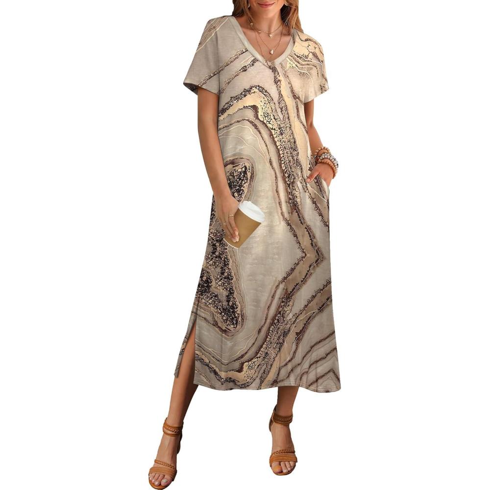 imageZeagoo Women Summer Floral Dress Short Sleeve Beach Dress with Pockets Casual VNeck Split Long TShirt Dress Travel VacationGold Print