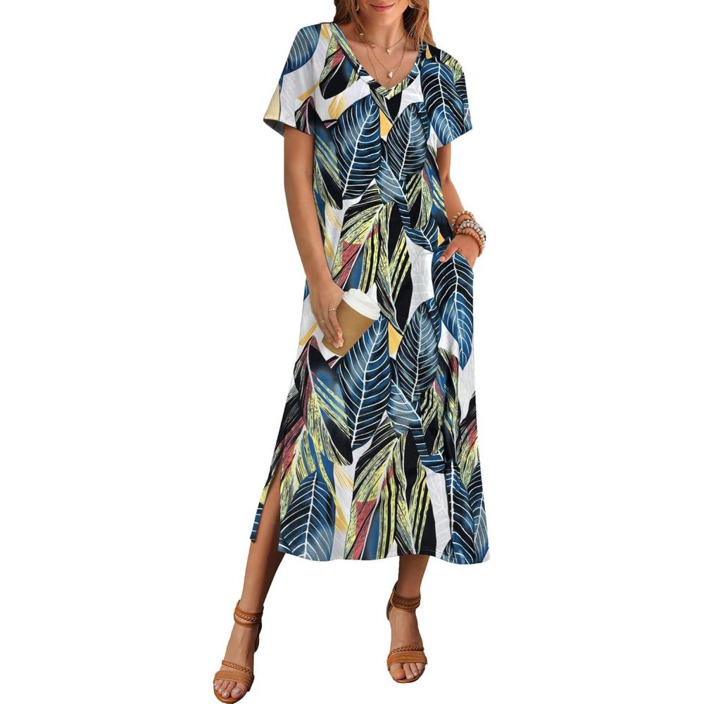 imageZeagoo Women Summer Floral Dress Short Sleeve Beach Dress with Pockets Casual VNeck Split Long TShirt Dress Travel VacationGreen Leaf