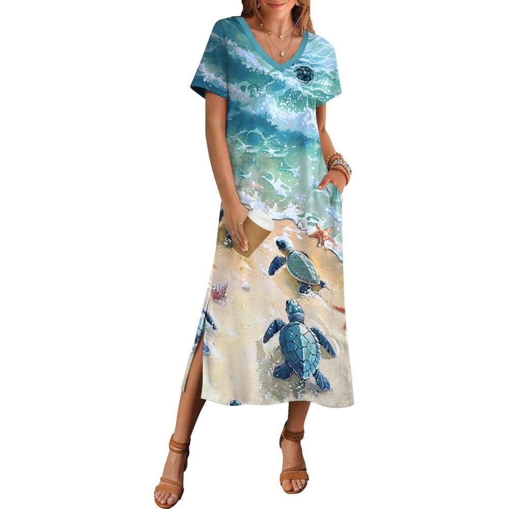 imageZeagoo Women Summer Floral Dress Short Sleeve Beach Dress with Pockets Casual VNeck Split Long TShirt Dress Travel VacationTurtle Green Floral