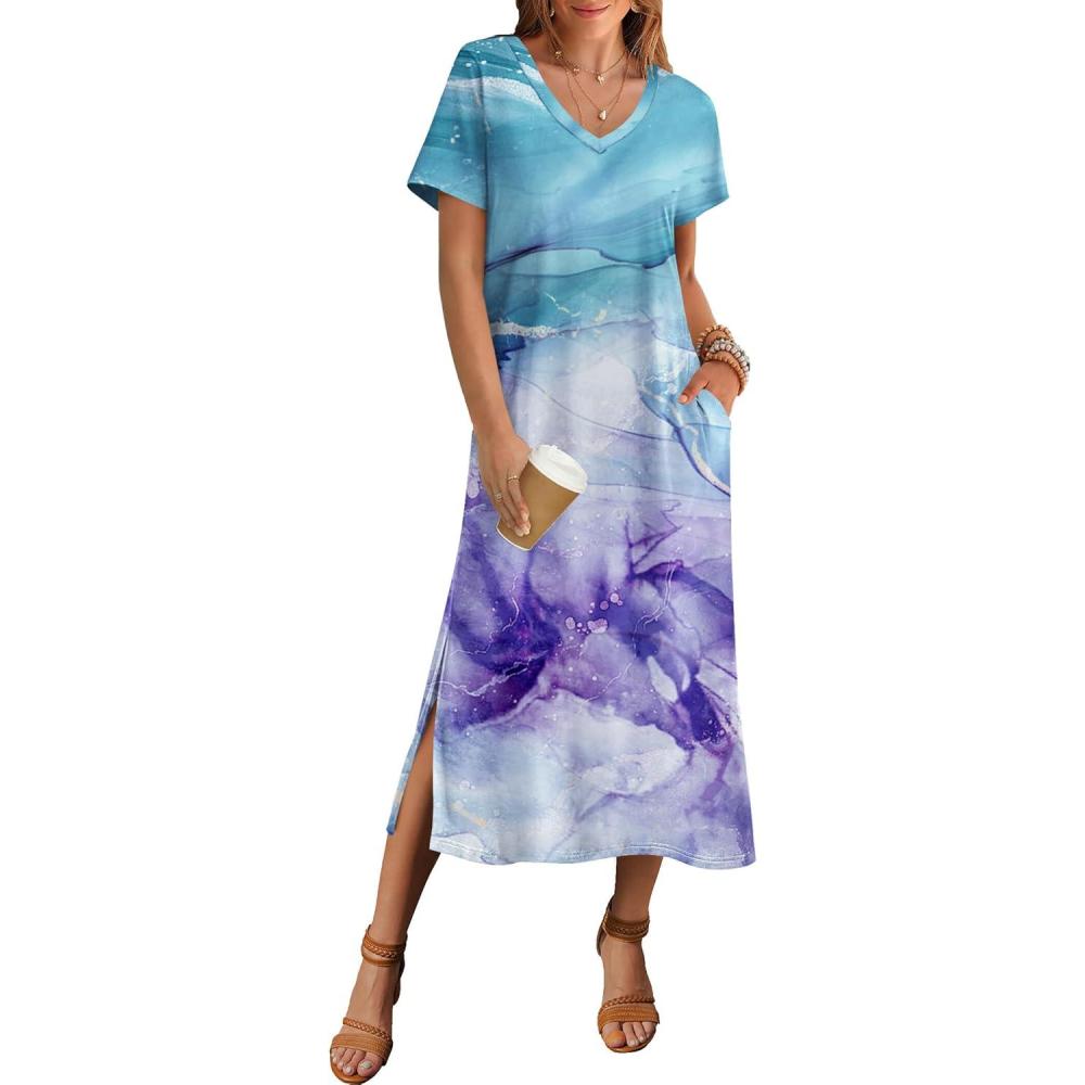 imageZeagoo Women Summer Floral Dress Short Sleeve Beach Dress with Pockets Casual VNeck Split Long TShirt Dress Travel VacationWatercolor Bluepurple