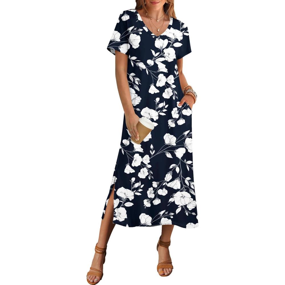 imageZeagoo Women Summer Floral Dress Short Sleeve Beach Dress with Pockets Casual VNeck Split Long TShirt Dress Travel VacationWhite Floral Blue