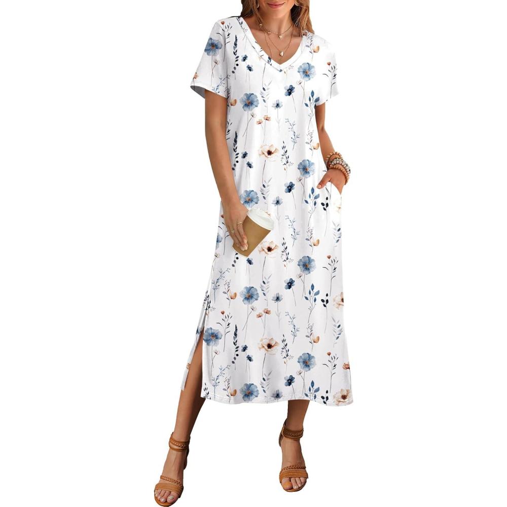 imageZeagoo Women Summer Floral Dress Short Sleeve Beach Dress with Pockets Casual VNeck Split Long TShirt Dress Travel VacationWhite Floralprinted