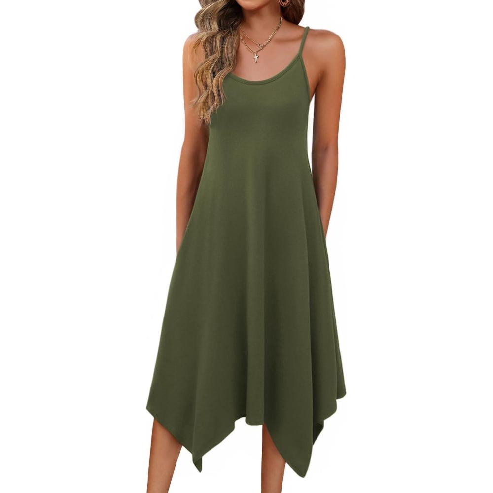 imageZeagoo Women Summer Midi Dresses 2026 Hawaiian Bohemian Beach Cover Up Sundress Spaghetti Strap Casual Dress with PocketsArmy Green