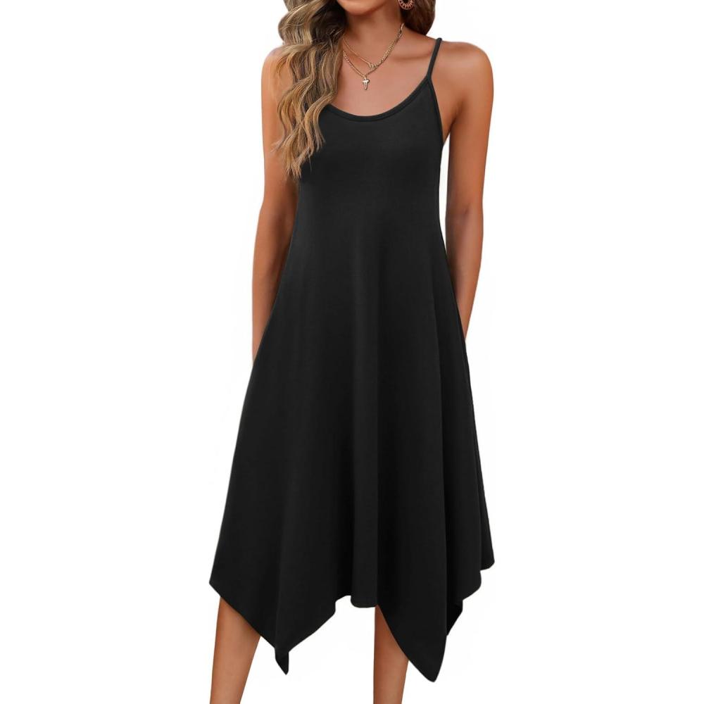 imageZeagoo Women Summer Midi Dresses 2026 Hawaiian Bohemian Beach Cover Up Sundress Spaghetti Strap Casual Dress with PocketsBlack