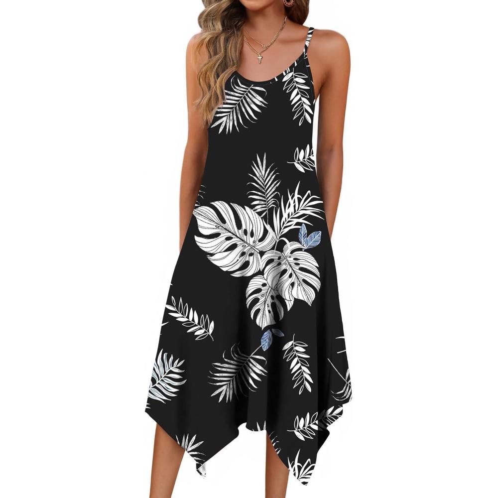 imageZeagoo Women Summer Midi Dresses 2026 Hawaiian Bohemian Beach Cover Up Sundress Spaghetti Strap Casual Dress with PocketsBlack Leaf