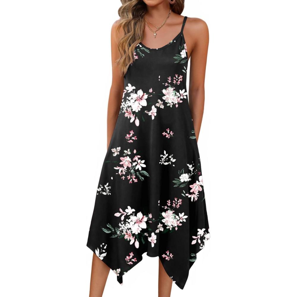 imageZeagoo Women Summer Midi Dresses 2026 Hawaiian Bohemian Beach Cover Up Sundress Spaghetti Strap Casual Dress with PocketsFloral Black