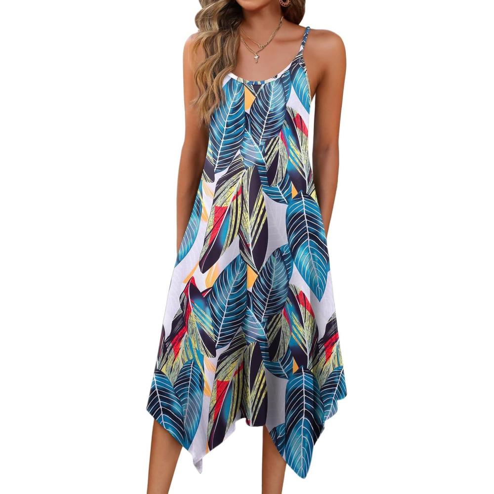 imageZeagoo Women Summer Midi Dresses 2026 Hawaiian Bohemian Beach Cover Up Sundress Spaghetti Strap Casual Dress with PocketsGreen Leaf