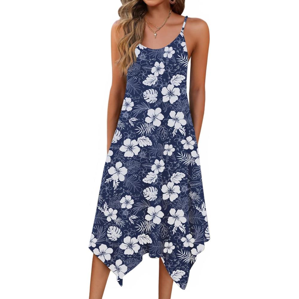 imageZeagoo Women Summer Midi Dresses 2026 Hawaiian Bohemian Beach Cover Up Sundress Spaghetti Strap Casual Dress with PocketsHawaiian Navy Blue