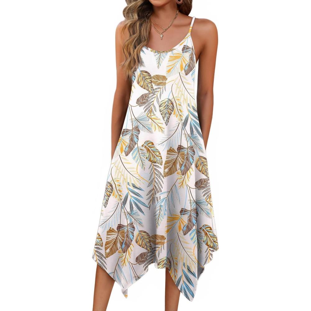 imageZeagoo Women Summer Midi Dresses 2026 Hawaiian Bohemian Beach Cover Up Sundress Spaghetti Strap Casual Dress with PocketsLeaf