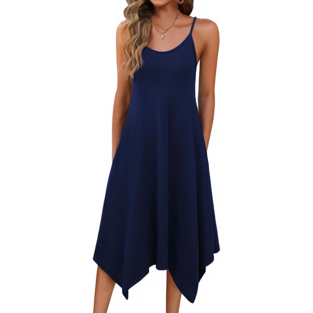 imageZeagoo Women Summer Midi Dresses 2026 Hawaiian Bohemian Beach Cover Up Sundress Spaghetti Strap Casual Dress with PocketsNavy Blue