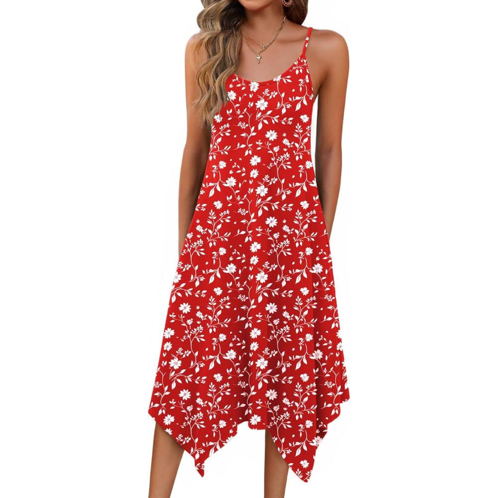 imageZeagoo Women Summer Midi Dresses 2026 Hawaiian Bohemian Beach Cover Up Sundress Spaghetti Strap Casual Dress with PocketsRed White Flowers