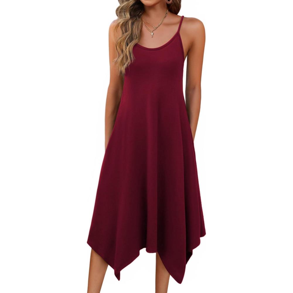 imageZeagoo Women Summer Midi Dresses 2026 Hawaiian Bohemian Beach Cover Up Sundress Spaghetti Strap Casual Dress with PocketsWine Red