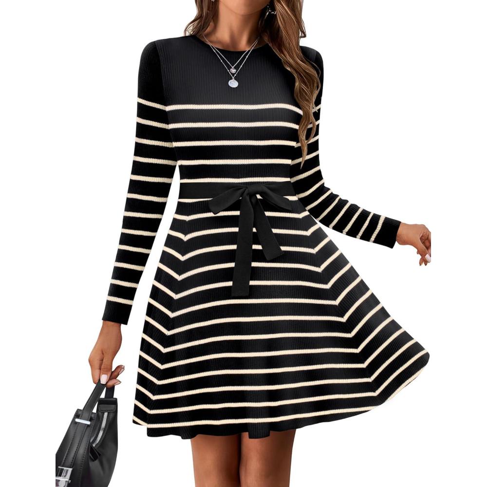 imageZeagoo Womens 2024 Casual Dress Crewneck Tie Waist Fall Ribbed Dress with Belt Long Sleeve A Line Flowy Sweater DressBlack and Khaki