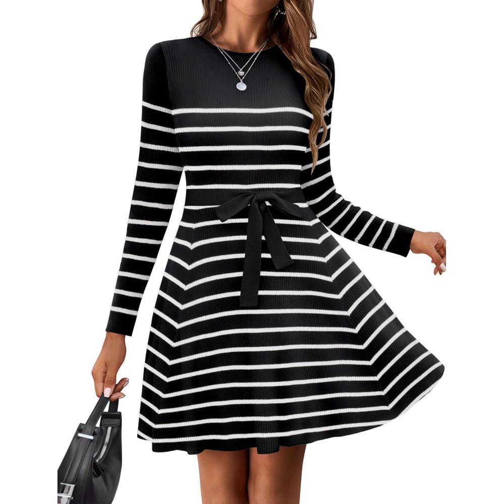 imageZeagoo Womens 2024 Casual Dress Crewneck Tie Waist Fall Ribbed Dress with Belt Long Sleeve A Line Flowy Sweater DressStriped Black White