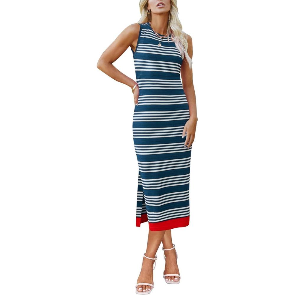 imageZeagoo Womens Bodycon Midi Dresses Summer Casual Sleeveless Dress Women Knit Side Slit Striped 2025 Long Tank DressBluewhite
