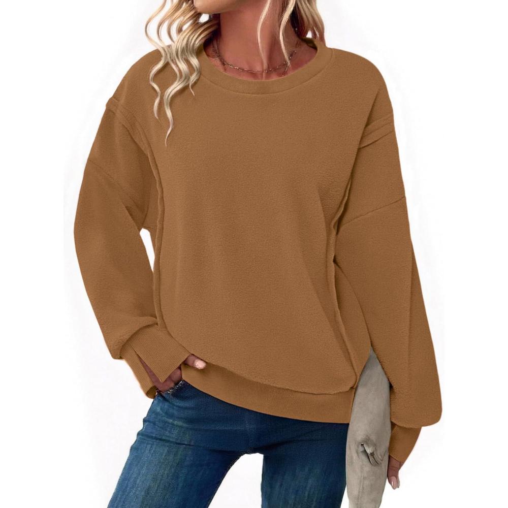 imageZeagoo Womens Casual Sweatshirts Crewneck Long Sleeve Fuzzy Fleece Jackets Side Slit Midweight Pullover Fall Fashion 2025Brown