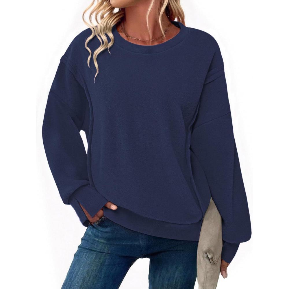 imageZeagoo Womens Casual Sweatshirts Crewneck Long Sleeve Fuzzy Fleece Jackets Side Slit Midweight Pullover Fall Fashion 2025Navy Blue 02