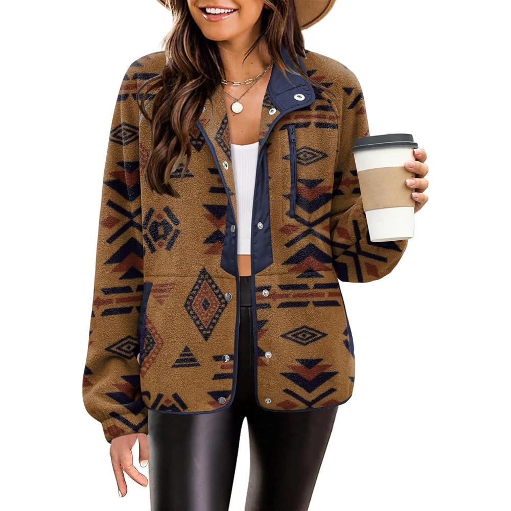 imageZeagoo Womens Cozy Fleece Jacket Western Aztec Print Snap Button Down Coat with Pockets Casual Warm Outwear 2026Brown