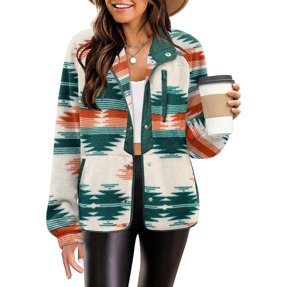 imageZeagoo Womens Cozy Fleece Jacket Western Aztec Print Snap Button Down Coat with Pockets Casual Warm Outwear 2026Green