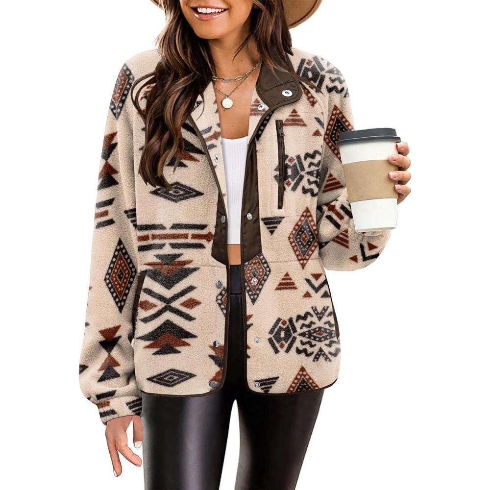 imageZeagoo Womens Cozy Fleece Jacket Western Aztec Print Snap Button Down Coat with Pockets Casual Warm Outwear 2026Khaki