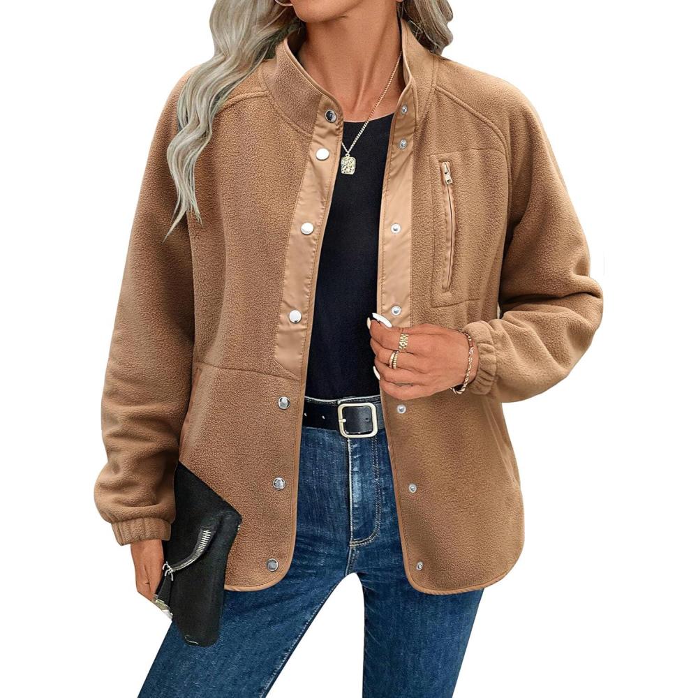 imageZeagoo Womens Cozy Fleece Jacket Western Aztec Print Snap Button Down Coat with Pockets Casual Warm Outwear 2026Light Brown